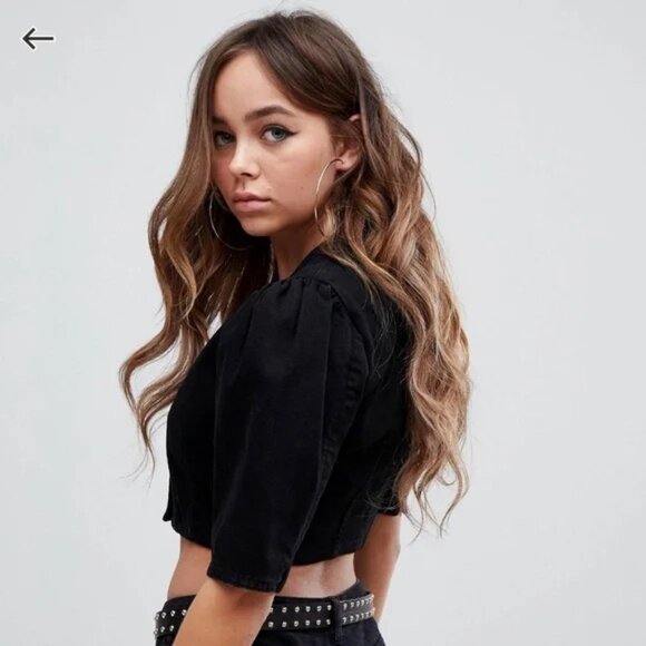 ASOS Crop Top with Puff Sleeve in Washed Black 0 - Picture 2 of 3